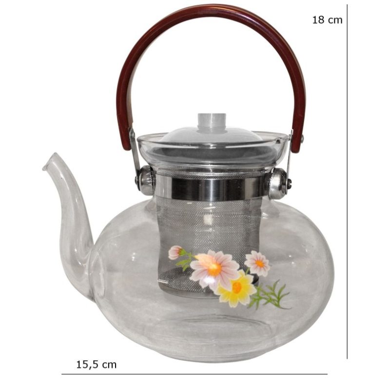 Originale teiera cinese vetro filtro alluminio con decorazione manico plastica