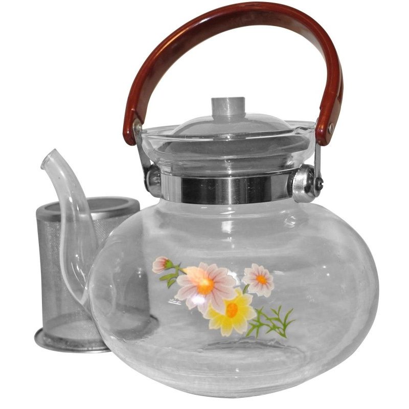 Originale teiera cinese vetro filtro alluminio con decorazione manico plastica
