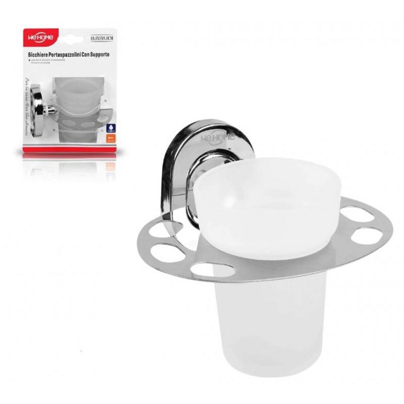 WeHome BICCHIERE CON SUPPORTO PARETE BAGNO MURO ACCIAIO PORTA SPAZZ...
