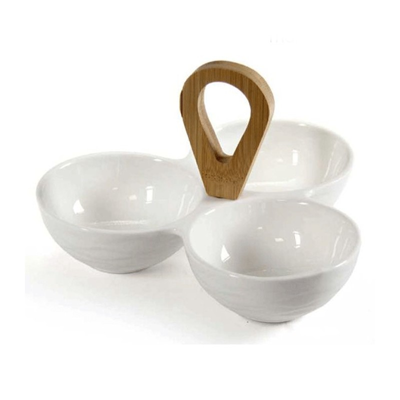 PORTASSAGGI ANTIPASTIERA Piatto antipasti 3 posti legno e ceramica bianca 21x5cm