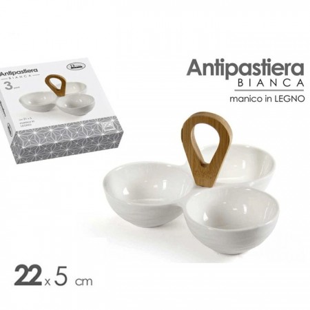 PORTASSAGGI ANTIPASTIERA Piatto antipasti 3 posti legno e ceramica bianca 21x5cm