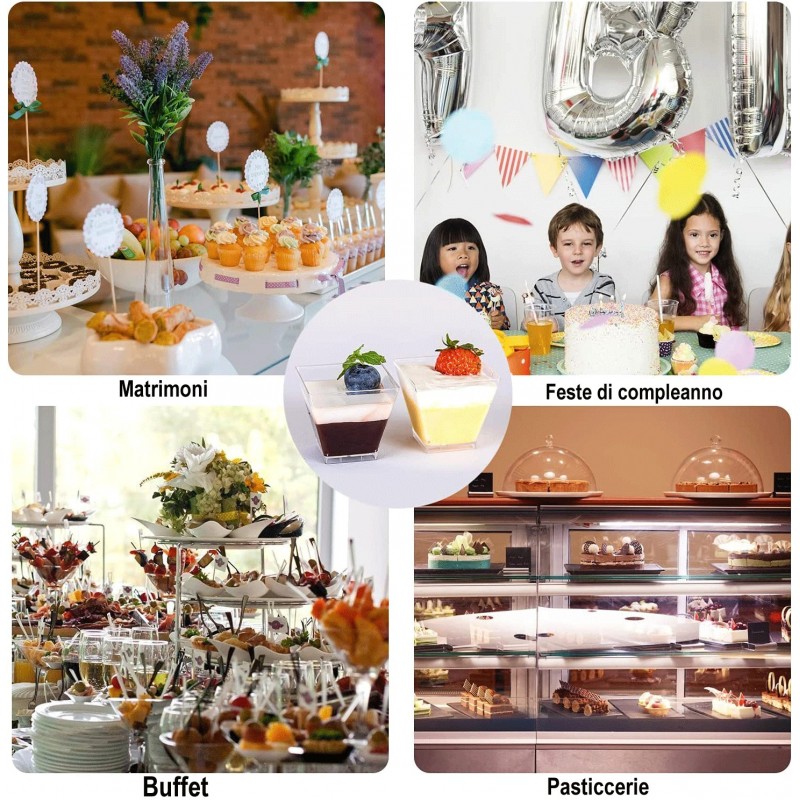 Hongu 48 pz COPPETTA QUADRO IN PLASTICA SET DA 60 CC DESSERT TRASPA...