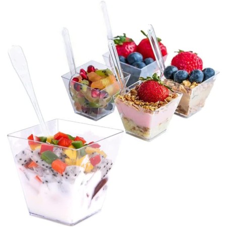 24  pz COPPETTA QUADRO IN PLASTICA SET DA 200 CC DESSERT TRASPARENTI FINGER FOOD
