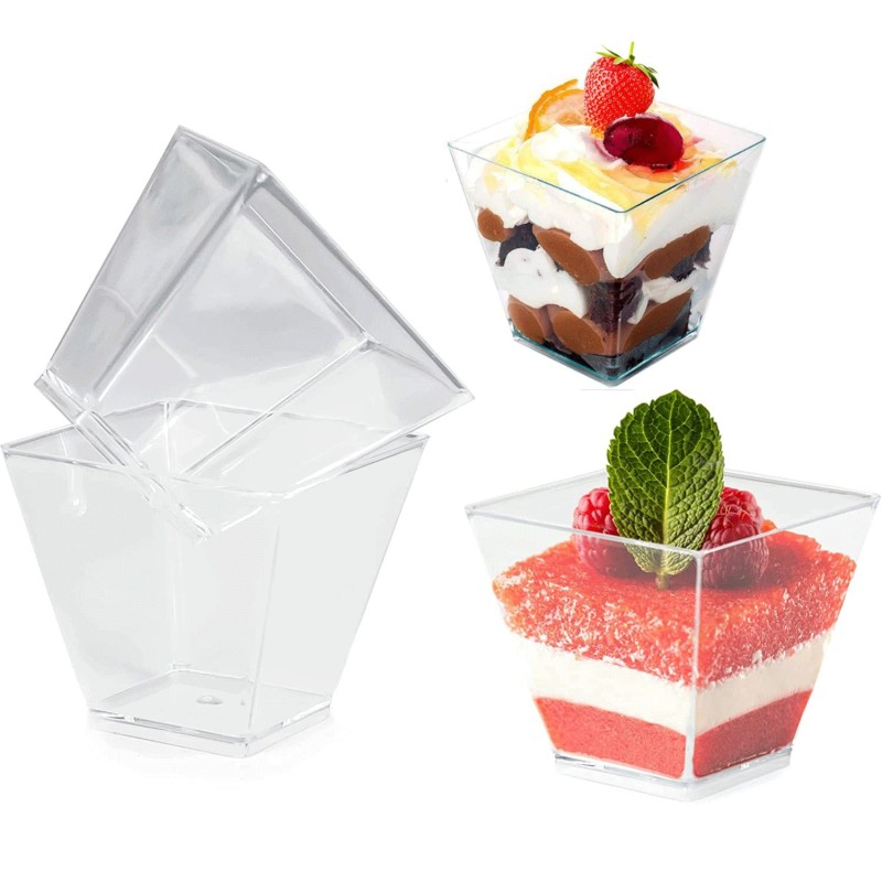 24 pz COPPETTA QUADRO IN PLASTICA SET DA 120 CC DESSERT TRASPARENTI FINGER FOOD