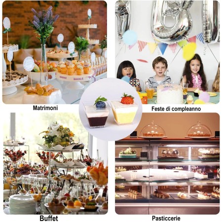 24 pz COPPETTA QUADRO IN PLASTICA SET DA 120 CC DESSERT TRASPARENTI FINGER FOOD