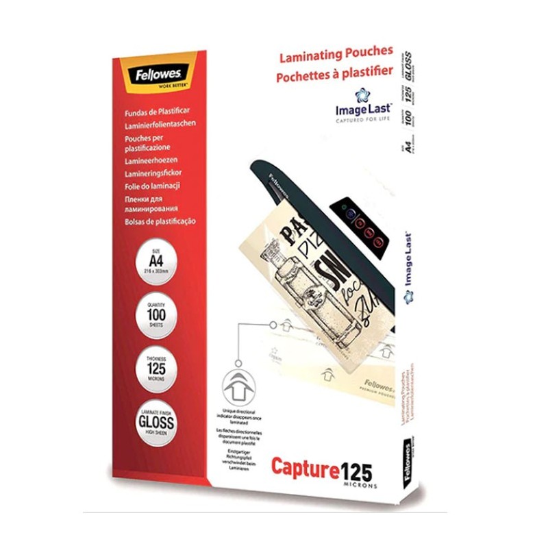 100 pouches Capture 125 micron A4 Fellowes Pouches Plastificazione Documenti 