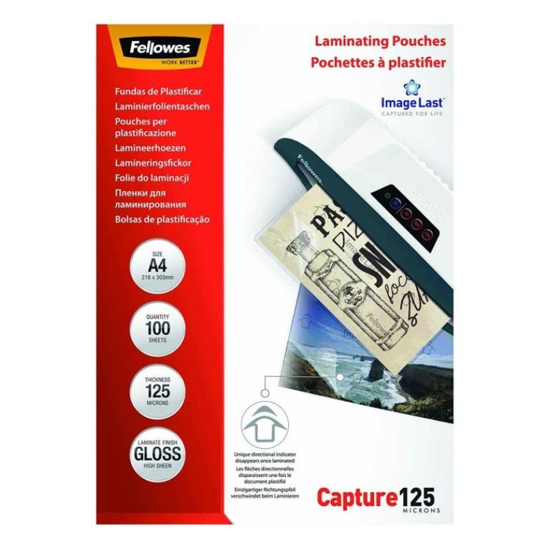 100 pouches Capture 125 micron A4 Fellowes Pouches Plastificazione ...