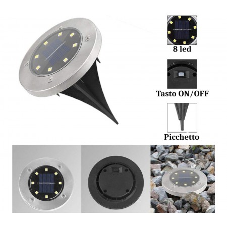 2 FARO PICCHETTO LAMPADA LED SOLARE DA ESTERNO GIARDINO FARETTO 8 LED SEGNAPASSI