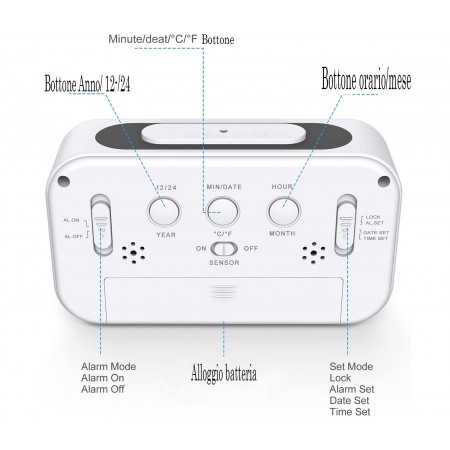 SVEGLIA OROLOGIO DATARIO DIGITALE TERMOMETRO DISPLAY LCD ILLUMINAZIONE COMODINO