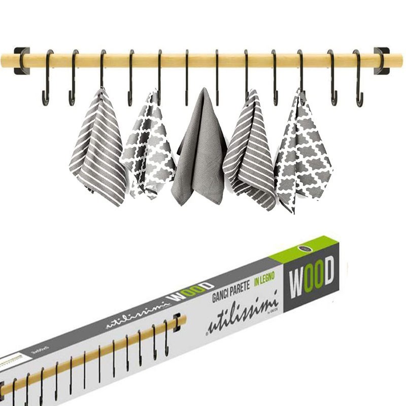 BARRA CUCINA 60 CM PARETE PORTA UTENSILI CUCINA ACCESSORI BAGNO LEGNO 12 GANCI