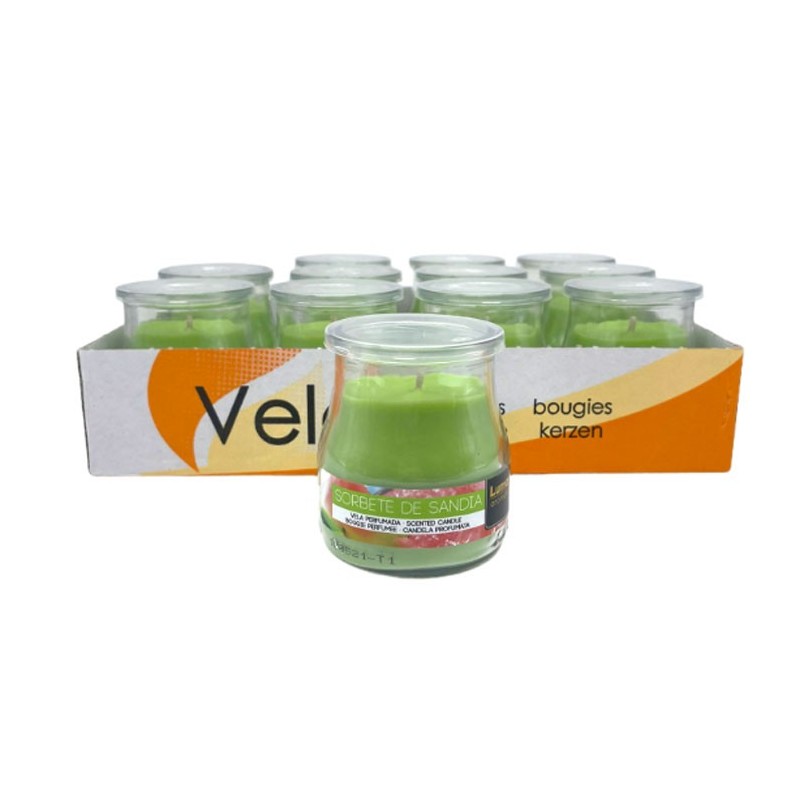 SET 12 CANDELE PROFUMEATE in VASETTO VETRO ANGURIA AMBIENTE 7X5,5 CM ESTATE