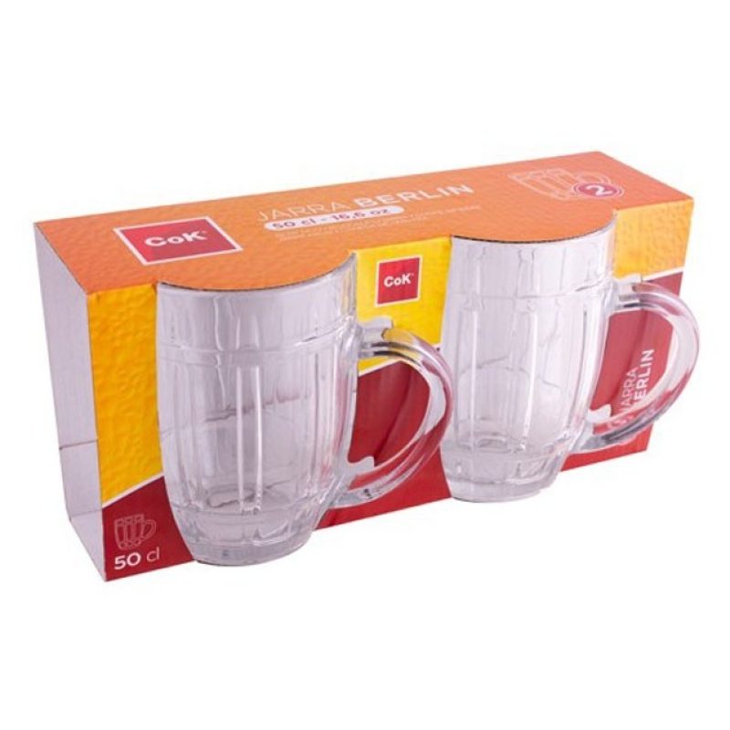 2x BICCHIERE VETRO BOCCALE BIRRA TRASPARENTE CON MANICO CL.50 tazze...