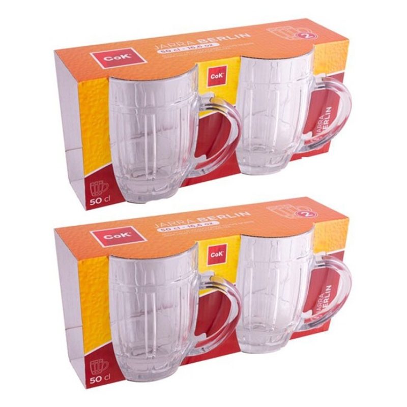 4x BICCHIERE VETRO BOCCALE BIRRA TRASPARENTE CON MANICO CL.50 tazze...