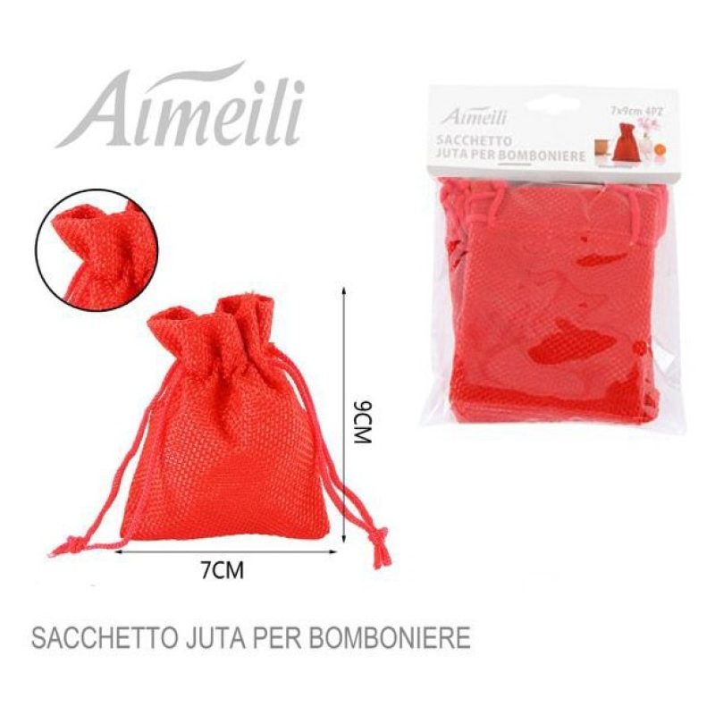 48 SACCHETTI JUTA ROSSI BOMBONIERE CONFETTI COMPLEANNI MATRIMONIO R...