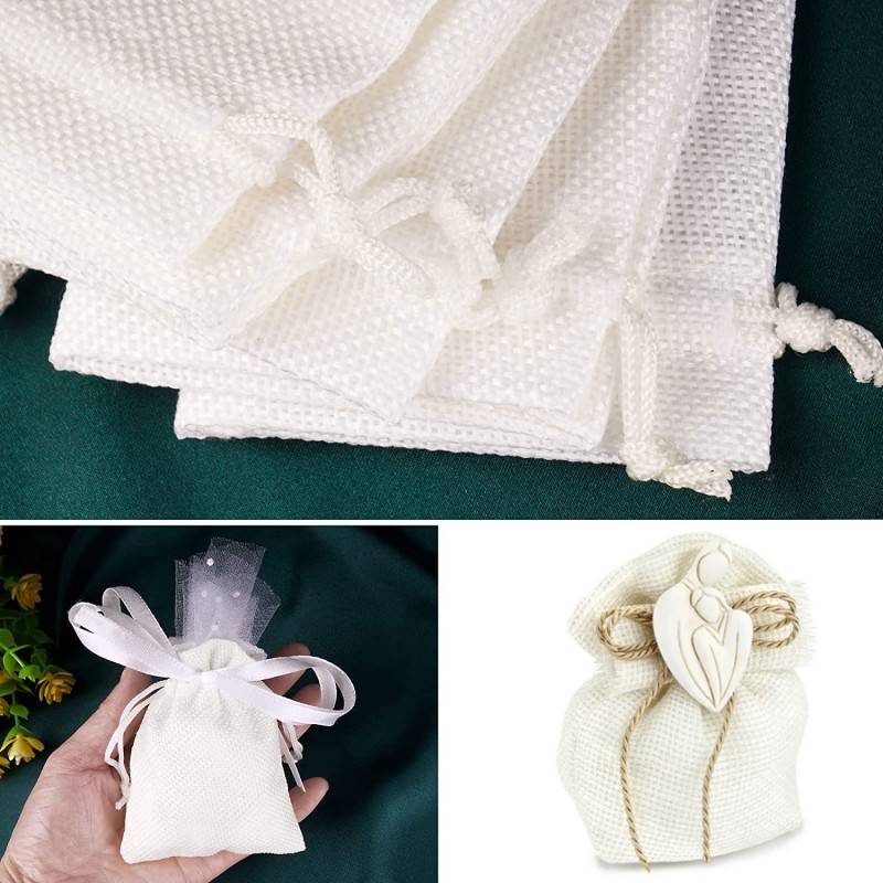 36 SACCHETTI JUTA BIANCHI BOMBONIERE CONFETTI COMPLEANNI MATRIMONIO...