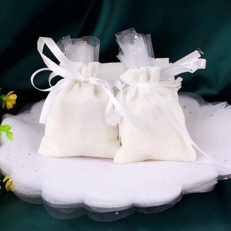 48 SACCHETTI JUTA BIANCHI BOMBONIERE CONFETTI COMPLEANNI MATRIMONIO Iuta 9x12 cm