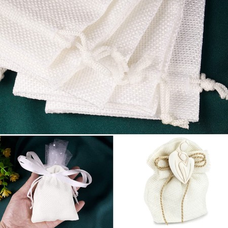 48 SACCHETTI JUTA BIANCHI BOMBONIERE CONFETTI COMPLEANNI MATRIMONIO Iuta 7x9 cm