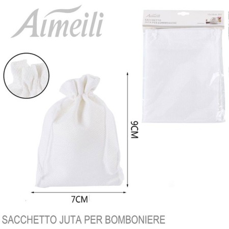 48 SACCHETTI JUTA BIANCHI BOMBONIERE CONFETTI COMPLEANNI MATRIMONIO Iuta 7x9 cm