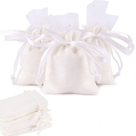 48 SACCHETTI JUTA BIANCHI BOMBONIERE CONFETTI COMPLEANNI MATRIMONIO Iuta 7x9 cm