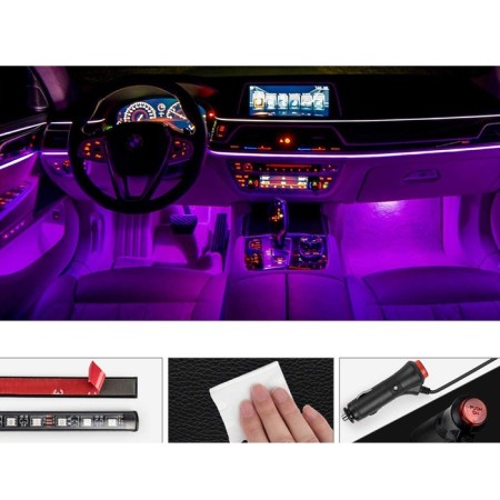 Striscia LED interni auto rgb 4 strip luminose adesive 72 led impermeabile tuning