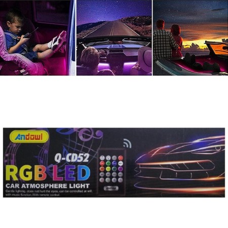 Striscia LED interni auto rgb 4 strip luminose adesive 72 led impermeabile tuning