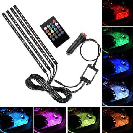 Striscia LED interni auto rgb 4 strip luminose adesive 72 led impermeabile tuning