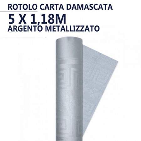 Rotolo Tovaglia in carta damascata argento natale feste 5x1,18 m copritavola 