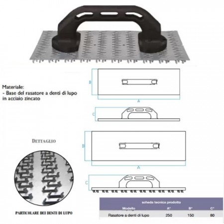 Rasatore per intonaco a denti di lupo Dimensioni 25x15 cm acciaio zincato manico