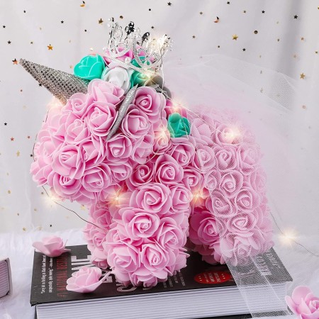 Unicorno di rose artificiali led 25 cm idea regalo anniversario san valentino 3D