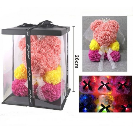 Orsetto di rose artificiale led idea regalo anniversario san valentino 25cm rosa