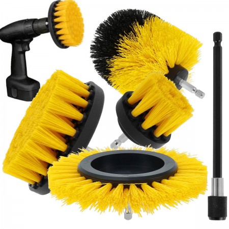 Set 4 spazzole trapano avvitatore attacco 1/4 setole sintetiche pulizia prolunga