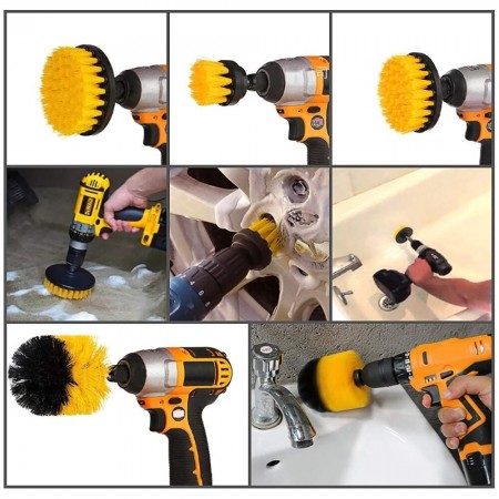 Set 4 spazzole trapano avvitatore attacco 1/4 setole sintetiche pulizia prolunga