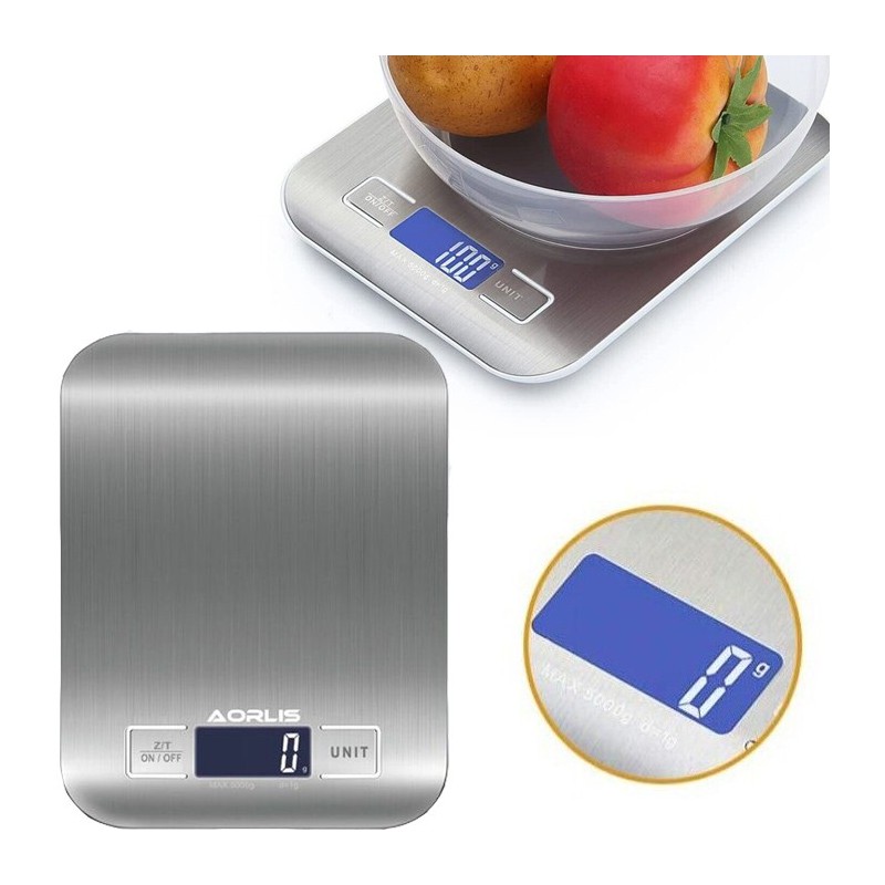 Bilancia da cucina digitale LCD acciaio inox alimenti tara 1g - 5Kg elettronica