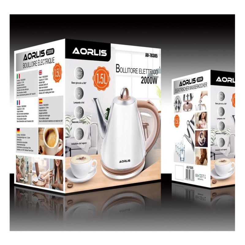Aorlis Bollitore elettrico in acciaio 1,5L acqua 2000W scalda bevan...