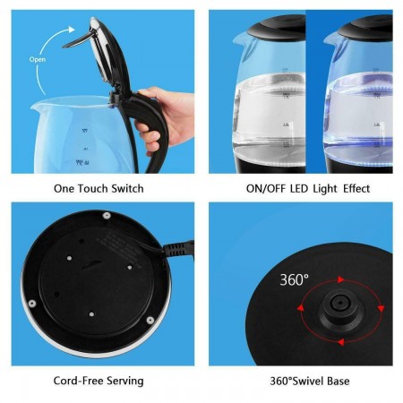 Bollitore elettrico vetro 2000W 2L scalda bevande acqua per tisane te' infusi