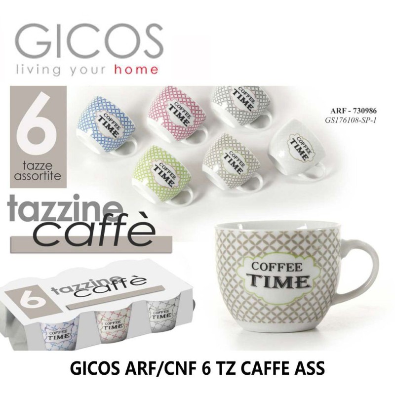 Gicos SET 6 Tazze tazzine espresso caffè in porcellana colori assor...