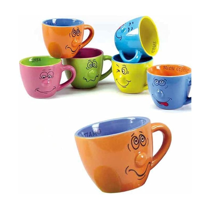 Set 6 Tazzine caffè tazze decoro smorfie faccine ceramica Gicos con viso 5x6cm