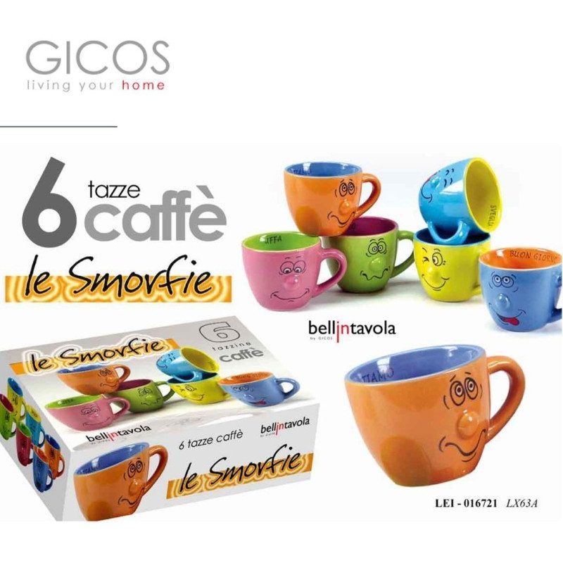 Gicos Set 6 Tazzine caffè tazze decoro smorfie faccine ceramica Gic...