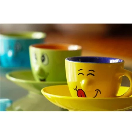 Set 6 Tazzine caffè tazze decoro smorfie faccine ceramica Gicos con viso 5x6cm