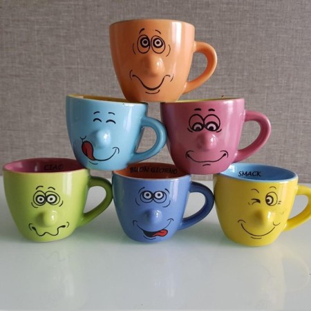 Set 6 Tazzine caffè tazze decoro smorfie faccine ceramica Gicos con viso 5x6cm