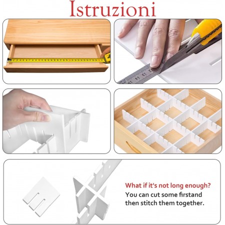 6 pezzi Divisori per cassetti regolabili in plastica 42,3 x13cm scomparti bianco