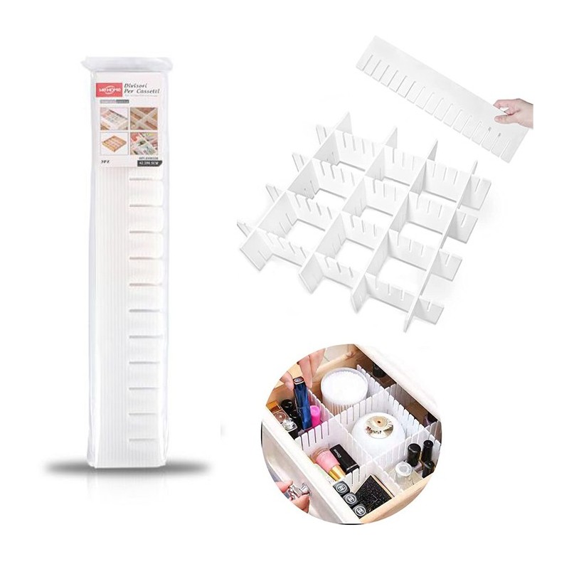 9 pz Divisori per cassetti regolabili in plastica scomparti bianco 42,3x6,5 cm