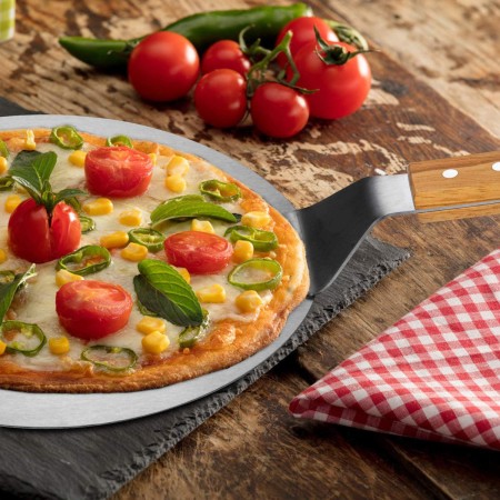 Pala Spatola Per Pizza Con Manico corto In Legno 25,5 cm acciaio rotonda pizze