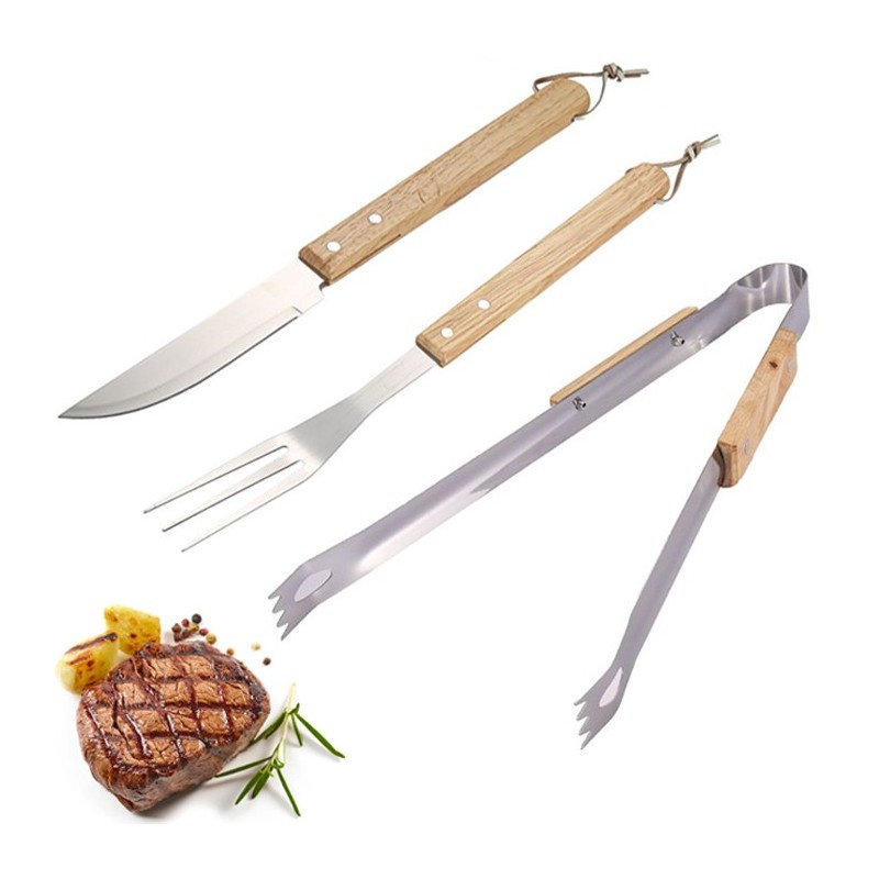 Set di utensili 3pz accessori da barbecue acciaio legno attrezzi grigliate BBQ