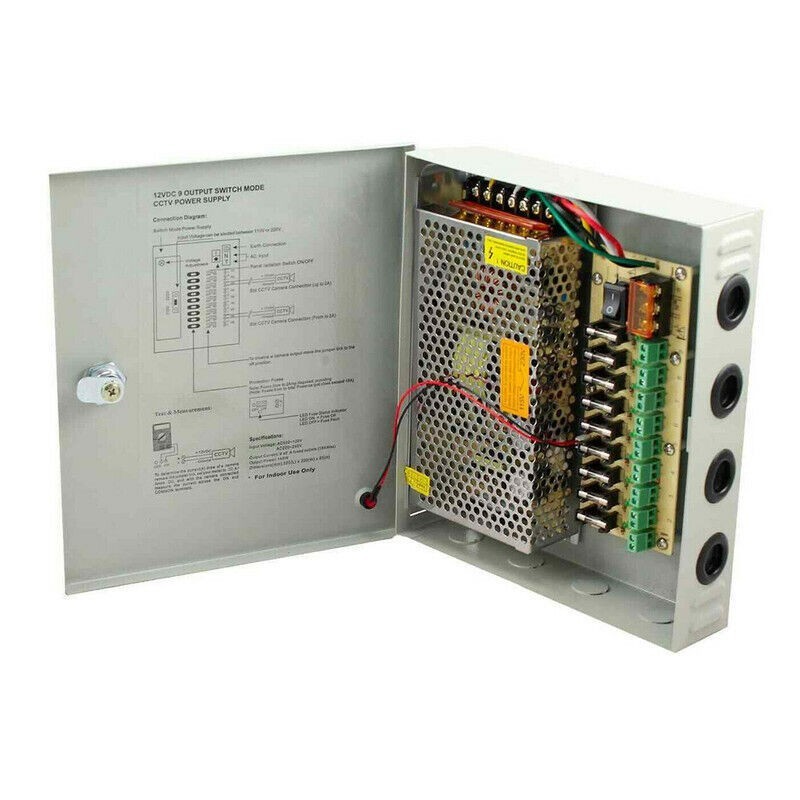 Alimentatore stabilizzato 12V 15A 9 uscite canali box quadro telecamere E-T151
