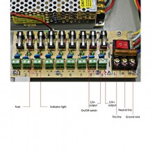 Alimentatore stabilizzato 12V 15A 9 uscite canali box quadro telecamere E-T151