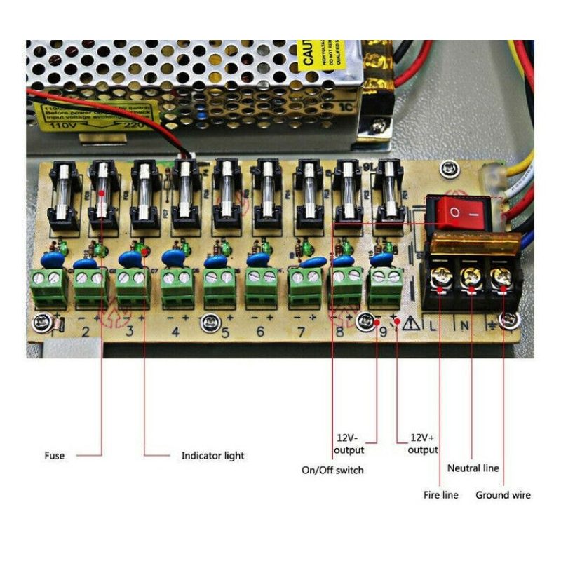 Hongu Alimentatore stabilizzato 12V 15A 9 uscite canali box quadro ...