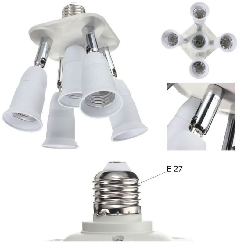 Portalampada moltiplicatore E27 da 1 a 5 orientabile bianco illuminazione luce