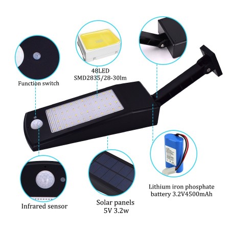Faro Lampione a 48 LED Esterno Pannello Solare Sensore