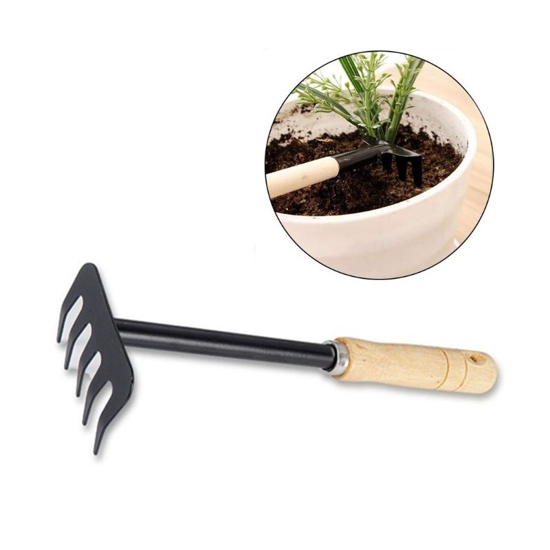 Rastrello da giardino manico in legno attrezzi 5 denti in acciaio fiori aiuole